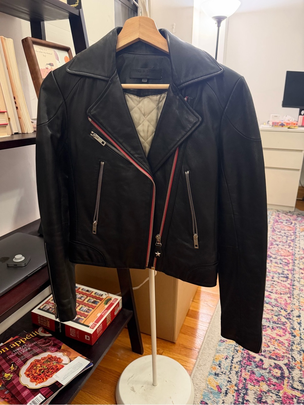 rag & bone Black Leather Moto Jacket with Red Zipper Accents